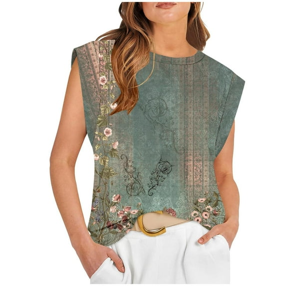 Nmnitkp Plus Size Tank Tops for Women Summer Casual Floral Crew Neck Sleeveless Shirts Loose Fit Pleated Tunic Tops S-2XL