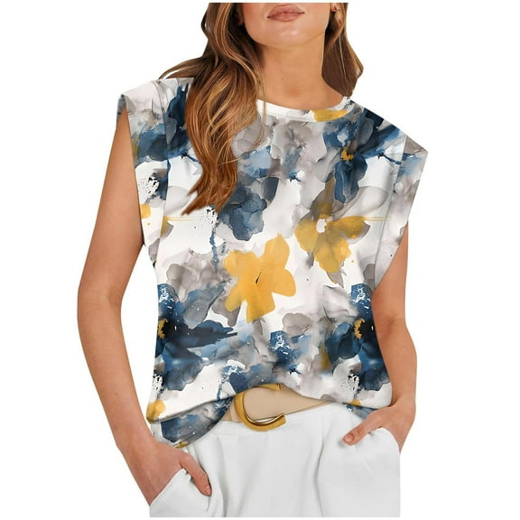 Nmnitkp Plus Size Tank Tops for Women Summer Casual Floral Crew Neck Sleeveless Shirts Loose Fit Pleated Tunic Tops S-2XL