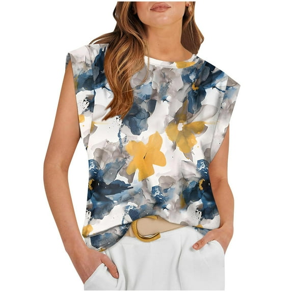 Nmnitkp Plus Size Tank Tops for Women Summer Casual Floral Crew Neck Sleeveless Shirts Loose Fit Pleated Tunic Tops S-2XL