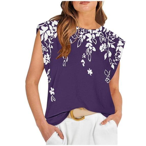 Nmnitkp Plus Size Tank Tops for Women Summer Casual Floral Crew Neck Sleeveless Shirts Loose Fit Pleated Tunic Tops S-2XL