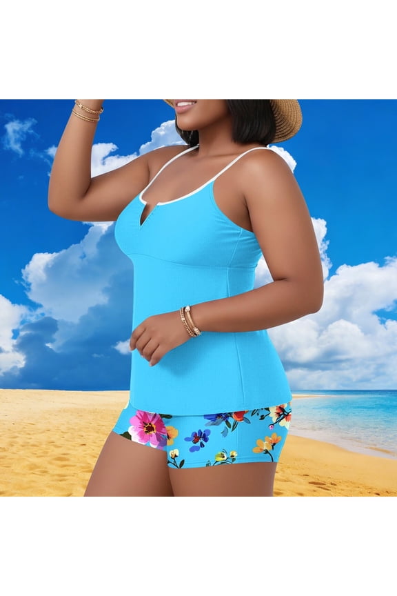 Plus Size Tummy Control Tankini Swimsuits for Women - Two Piece Bathing Suit with Adjustable Spaghetti Straps, Padded Cups & Boy Shorts Bottom, Floral Print Women's Swimwear Light Blue,4XL