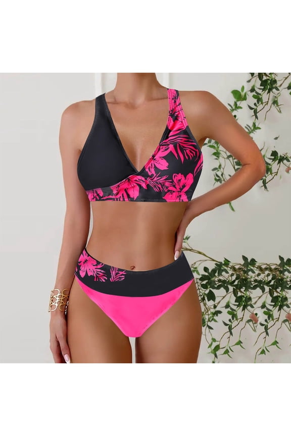 Popular Swimsuits Women's Color Block Print Fashion Back Buckle Backless Bikinis Sets Hot Pink,M