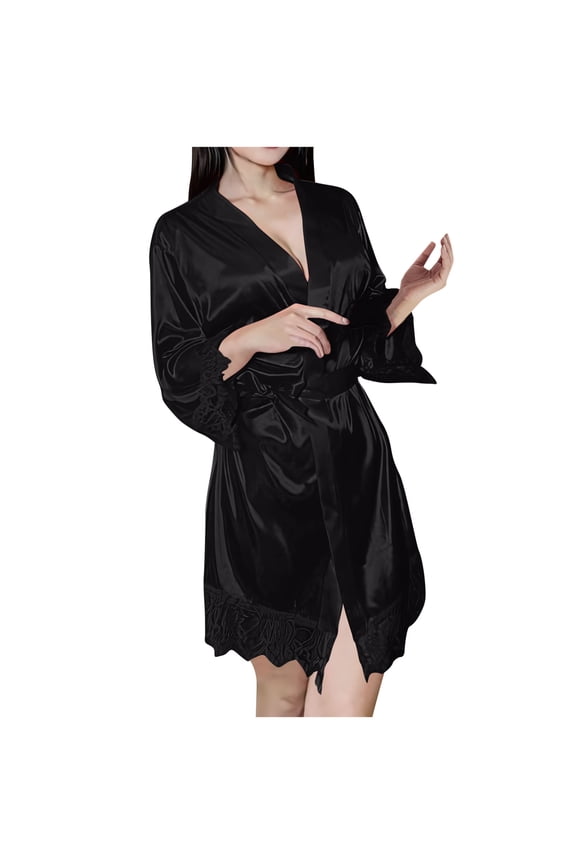 Robes for Women Premium Healthy Fabric Women's Satin Robe Kimono Bathrobe 3/4 Sleeve Ruffle Belted Robes Soft and Skin-Friendly Silk Robes for Women