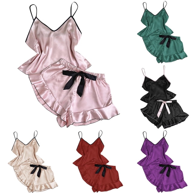 Nmnitkp Satin Pajama Set for Women Silk Pjs for Women Set Camisole Top and Shorts with Ruffle Sleepwear Pink,L