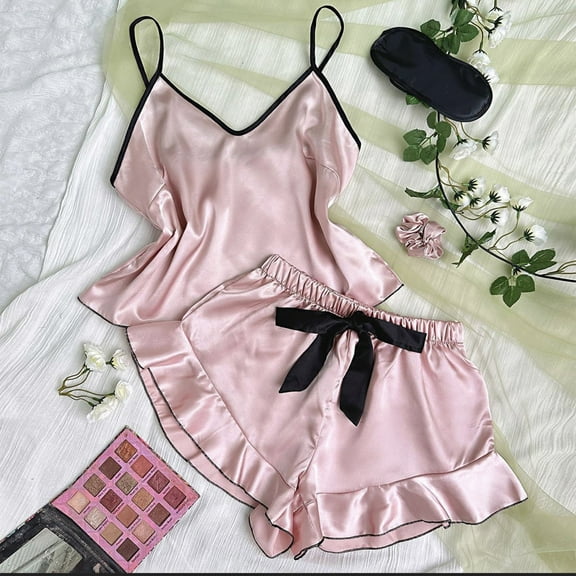 Nmnitkp Satin Pajama Set for Women Silk Pjs for Women Set Camisole Top and Shorts with Ruffle Sleepwear Pink,M