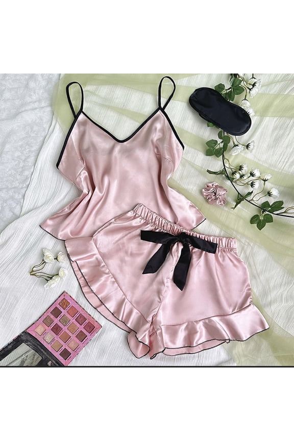 Satin Pajama Set for Women Silk Pjs for Women Set Camisole Top and Shorts with Ruffle Sleepwear Pink,S