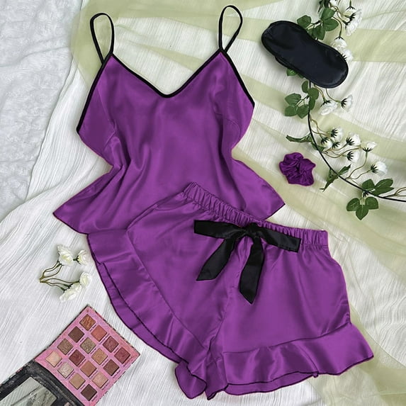 Nmnitkp Satin Pajama Set for Women Silk Pjs for Women Set Camisole Top and Shorts with Ruffle Sleepwear Purple,XL