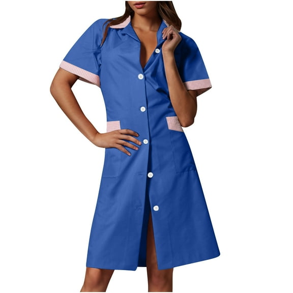 Nmnitkp Scrub Dress for Women - Embroided Collar Dress,Womens Dresses High-quality Fabric Solid Color With Pockets Button Splicing Lapel Caregiver Dress Nurse Dress Work Midi Dress