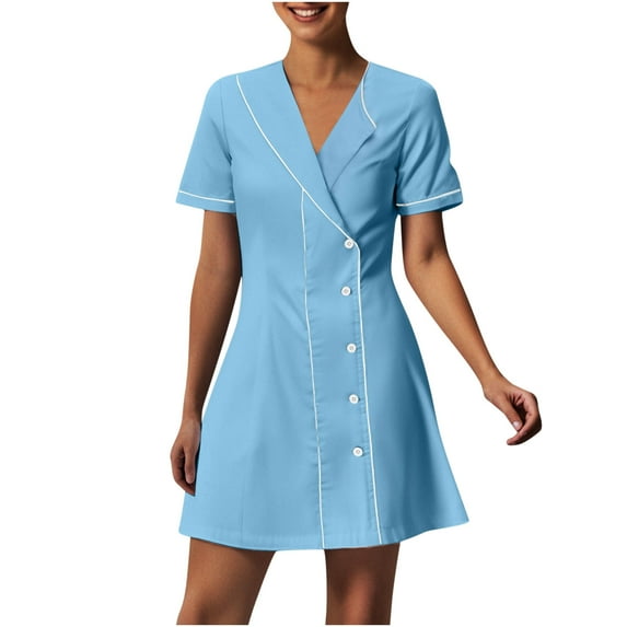 Nmnitkp Scrub Dress for Women - Fitted Midriff Dress,Women's Solid Color With Pockets Button Splicing Lapel Caregiver Dress Nurse Dress Work Midi Dress