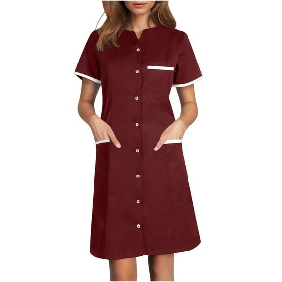 Nmnitkp Scrub Dress for Women - Fitted Midriff Dress,Women's Solid Color With Pockets Button Splicing Lapel Caregiver Dress Nurse Dress Work Midi Dress