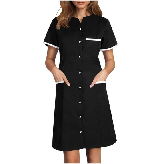 Nmnitkp Scrub Dress for Women - Fitted Midriff Dress,Women's Solid Color With Pockets Button Splicing Lapel Caregiver Dress Nurse Dress Work Midi Dress