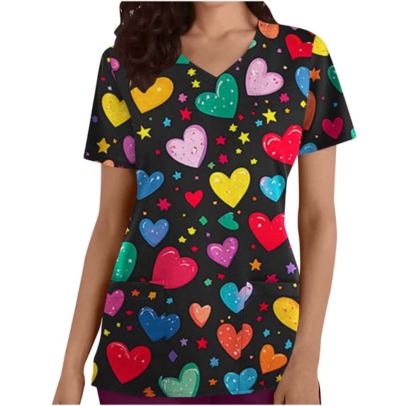 Nmnitkp Scrub for Women V-Neck Top Traditional fit with Short Sleeve and Fade Resistant Fabric Durable Easy Care Medical Uniform with 2 Pockets Multicolor,2XL