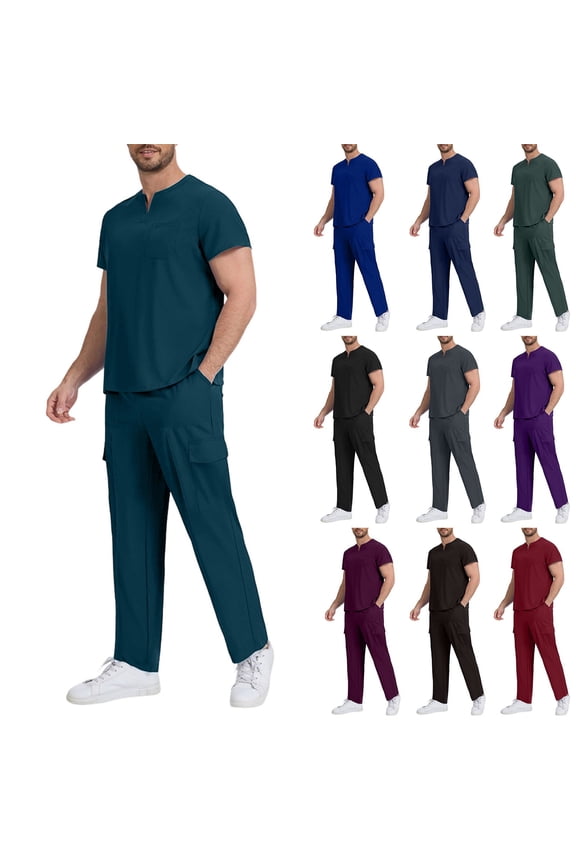 Scrubs for Men Set Short Sleeve Notched V-Neck Cargo Pockets Elastic Waistband Four-Way Stretch Moisture-Wicking Antimicrobial Male Caregiver Nursing Medical Uniforms Army Green,S