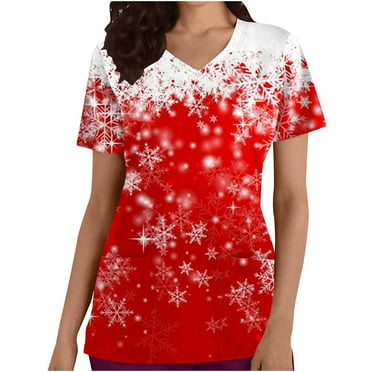 Nmnitkp Scrubs Tops for Women Broken Christmas Floral Scrub Tops Comfortable and Practical Women Tops V-neck Short Sleeved Pocket Scrub Tops Women Stretchy