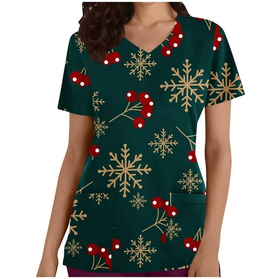 Nmnitkp Scrubs Tops for Women Fun Christmas Print Scrub Tops Comfortable and Practical Women Tops V-neck Short Sleeved Pocket Scrub Tops Women Stretchy