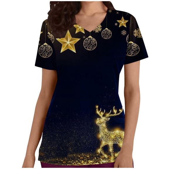 Nmnitkp Scrubs Tops for Women Stunning Christmas Print Scrub Tops Comfortable and Practical Women Tops V-neck Short Sleeved Pocket Scrub Tops Women Stretchy
