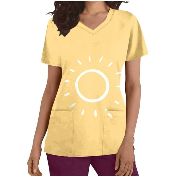 Nmnitkp Scrubs Tops for Women Sunshine Sunflower Print Scrub Tops Comfortable and Practical Women Tops V-neck Short Sleeved Pocket ,Scrub Tops Women Stretchy
