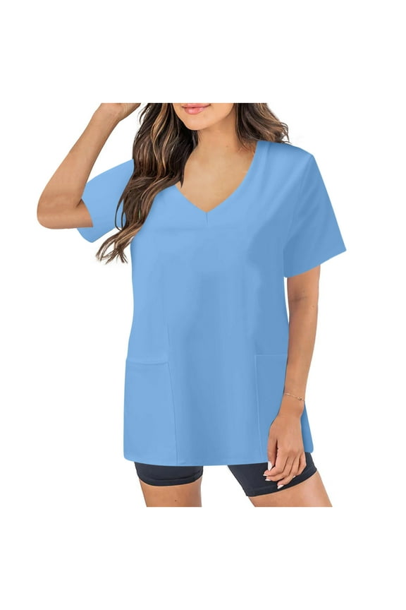 Scrubs Tops for Women Solid Color Scrub Tops Comfortable and Practical Women Tops V-neck Short Sleeved Pocket Scrub Tops Women Stretchy