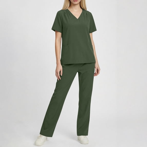 Nmnitkp Scrubs for Women Breathable Solid Scrubs Set Short Sleeve V-Neck Multi-Pocket Cargo Pants Four-Way Stretch Moisture-Wicking Antimicrobial Caregiver Nursing Medical Uniforms Green,L