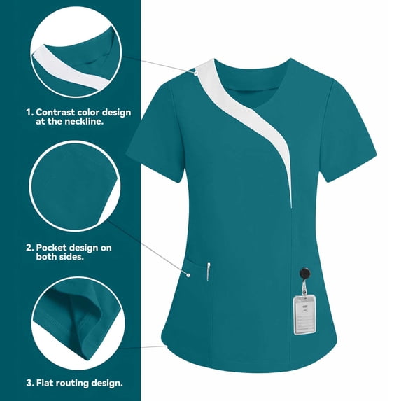 Nmnitkp Scrubs for Women Color Block Scrubs Top Short Sleeve V-Neck Dual Side Pockets Four-Way Stretch Moisture-Wicking Antimicrobial Breathable Caregiver Nursing Medical Uniform Shirt Green,2XL