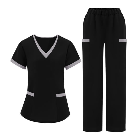 Nmnitkp Scrubs for Women Set Color Block Scrubs Set Short Sleeve V-Neck Cargo Pockets Loose Fit Four-Way Stretch Moisture-Wicking Antimicrobial Caregiver Nursing Medical Uniforms Black,2XL