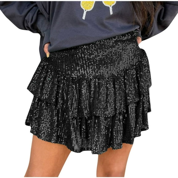 Nmnitkp Sequin Skirt for Women Unique Design Mini Skirt Sparkly Cute High Waist Ruffle Flowy Shiny Glitter Mini Short Skirts Night Out Club Party(XS-3XL)