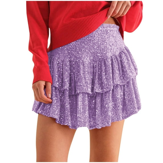 Nmnitkp Sequin Skirt for Women Unique Design Mini Skirt Sparkly Cute High Waist Ruffle Flowy Shiny Glitter Mini Short Skirts Night Out Club Party(XS-3XL)