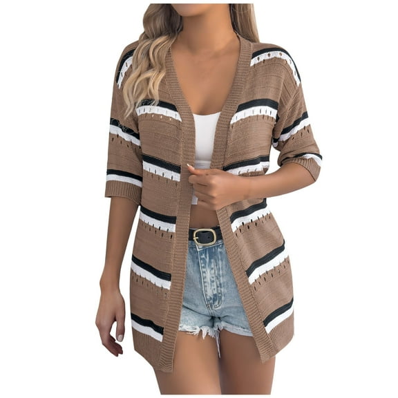 Nmnitkp Short Sleeve Cardigans for Women Breathable Summer Cardigan Casual Oversize Solid Hollow Out Mid Sleeve Knitted Cardigan Tops Coat
