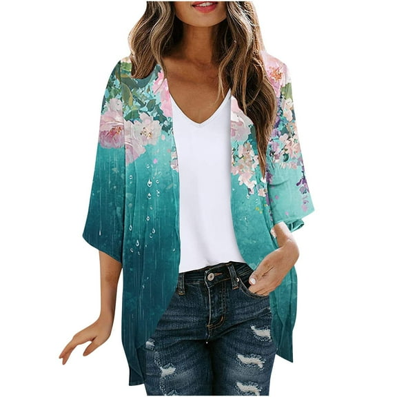 Nmnitkp Short Sleeve Cardigans for Women Fashion Summer Cardigan Casual Long Sleeve Print Pocket Ladies Top Blouse Cardigan