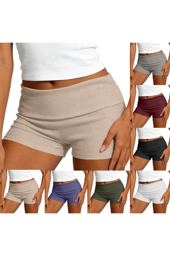 Shorts for Women Fold Over Waist Ribbed Knit Biker Shorts, High Waisted Form-Fitting Casual Shorts for Summer Yoga & Loungewear Khaki,S