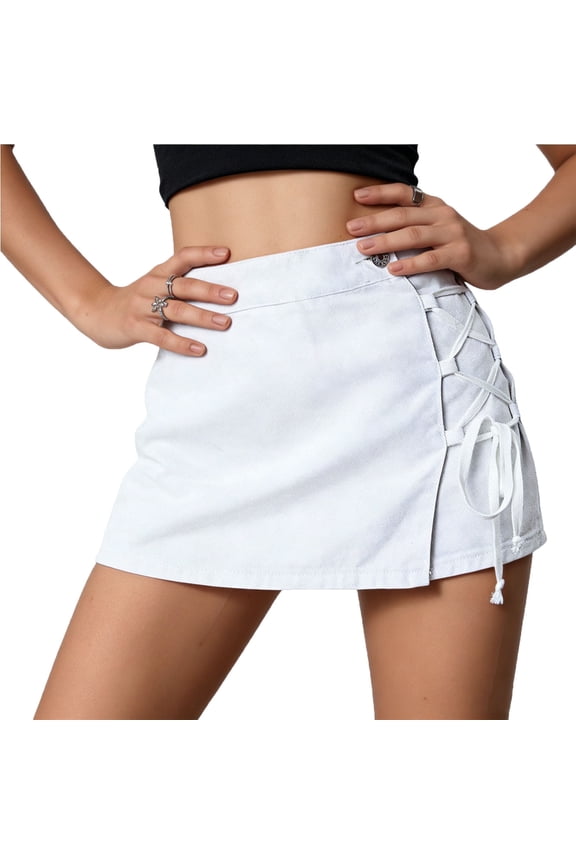 Shorts for Women High Waisted Denim Skort, Lace Up Wrap Front Mini Skirt Shorts with Pockets, Casual Streetwear for Summer & Party White,27