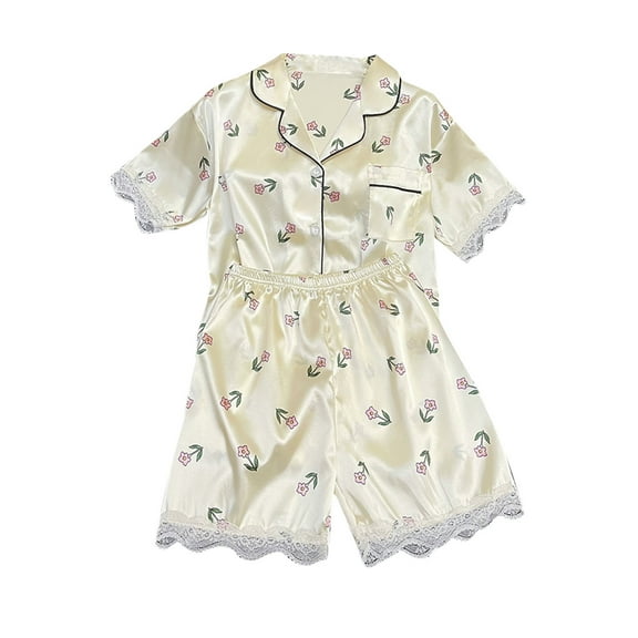 Nmnitkp Silk Pajamas for Women Soft and Friendly Skin Pajamas for Women Set Healthy Quality Fabric Womens Pajama Sets Short Sleeve Button Down Top and Shorts Sleepwear 2 Piece Pjs Set M-XXL