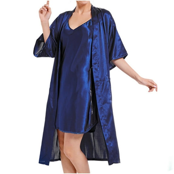 Nmnitkp Silk Pajamas for Women Soft and Friendly Skin Women's 2Pcs Solid Color V-Neck Nightgown with Halter with Robe Sleepwear Set 1Pc Halter Skirt   Coat S-XXL