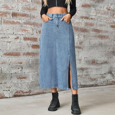 Nmnitkp Skirts for Women Comfortable & Healthy Fabric Womens Casual Slit Denim Midi Jean Skirt Stretch High Waist Frayed Button Up with Pockets（Plus Size）