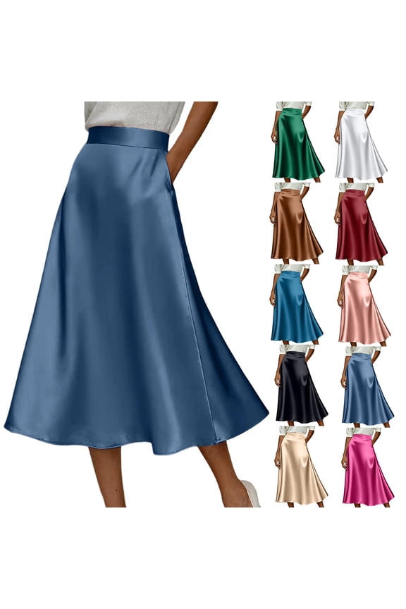Skirts for Women High Waist Satin A-Line Midi Skirt, Elegant Solid Silk-Like Flowy Skirt with Pockets, for Work, Wedding Guest & Daily WearBlue,S