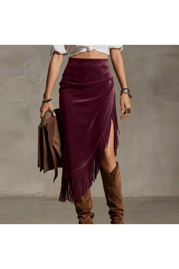 Skirts for Women High Waisted Faux Suede Midi Skirt, Asymmetrical Fringe Trim Split Hem Bodycon Skirt, Western Boho Style Skirt for Music Festival & Daily Wear Wine,XL
