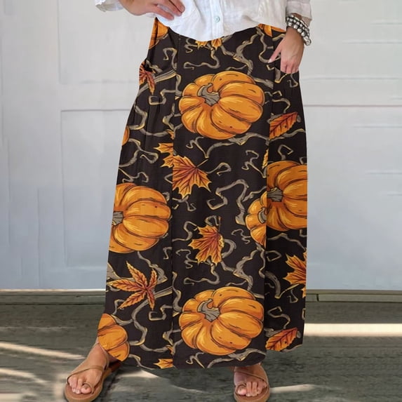 Nmnitkp Skirts for Women Stylish Prints Maxi Skirts for Women Ankle Length Skirt Casual Long Skirt High Waisted Maxi Skirt Reg and Skirt Long Skirt with Pockets(Halloween Print)