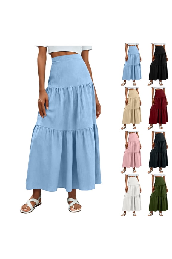 Skirts for Women Summer High Waisted Tiered Maxi Skirt, Flowy Casual Solid Color Elastic Waist Ankle Length Skirt with Textured Wave Crinkle Fabric Skirt A Light Blue,2XL