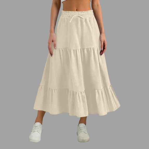 Nmnitkp Skirts for Women Summer High Waisted Tiered Ruffle Maxi Skirt, Flowy Elastic Waist Solid Color Long Swing Skirt for Casual Vacation & Daily Wear Beige #01,2XL