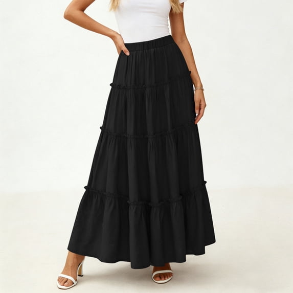 Nmnitkp Skirts for Women Summer High Waisted Tiered Ruffle Maxi Skirt, Flowy Elastic Waist Solid Color Long Swing Skirt for Casual Vacation & Daily Wear Black,XL