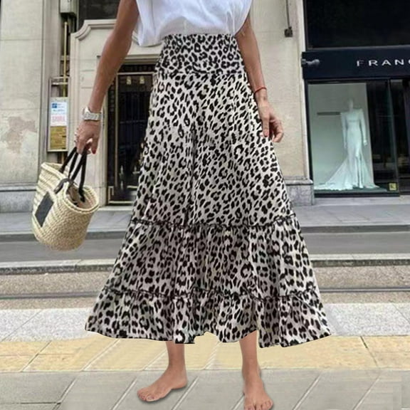Nmnitkp Skirts for Women Versatile Match Leopard Print Skirt Boho Elastic Waisted Drawstring Swing Ruched 3 Tiered Maxi Skirt & Fashionable Trends Long Skirts for Women