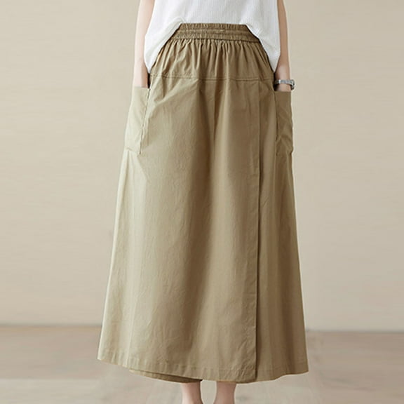 Nmnitkp Skirts for Women Versatile Match Women's High Waist Midi Skirt Vintage Elastic A-Line Pleated Skirts Comfortable & Healthy Fabric Womens Skirts with Pockets