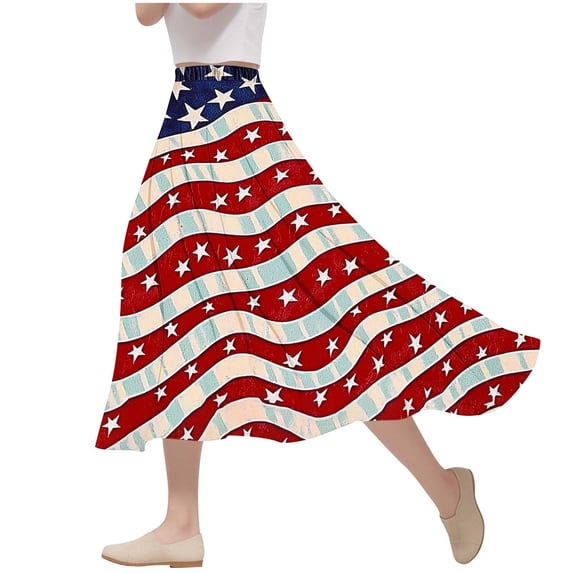 Nmnitkp Skirts for Women 2026 New Model,Women's Skirts Fashion Independence Day Print A Character Elastic Waist Big Leisure Time Skirt Red,L