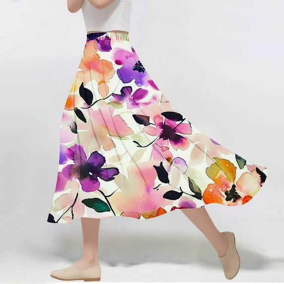Nmnitkp Skirts for Women Casual Floral Prints Women's Pleated Skirt Chiffon Elastic Waist A-Line Midi Length Skirt Fashionable Trends Maxi Skirt