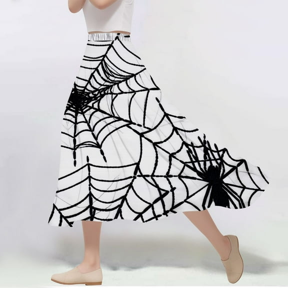 Nmnitkp Skirts for Women Halloween Print Women's Pleated Skirt Chiffon Elastic Waist A-Line Midi Length Skirt Fashionable Trends Maxi Skirt