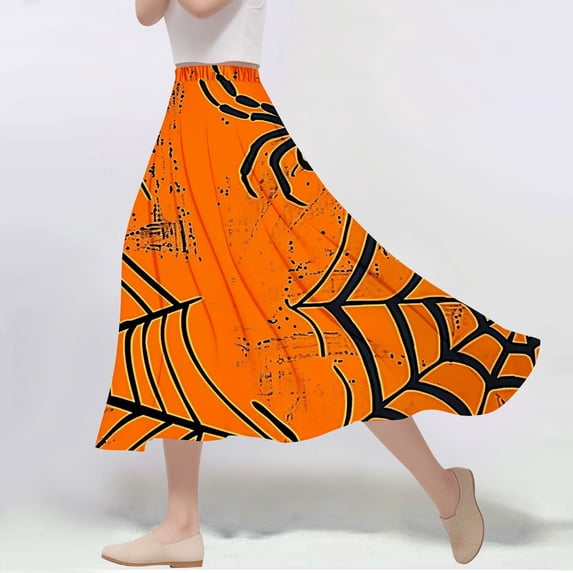 Nmnitkp Skirts for Women Halloween Print Women's Pleated Skirt Chiffon Elastic Waist A-Line Midi Length Skirt Fashionable Trends Maxi Skirt