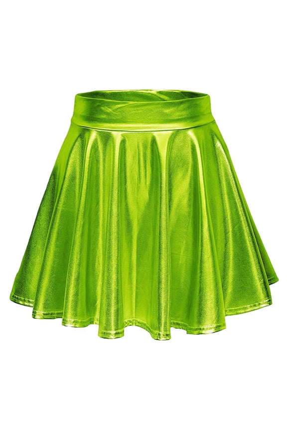 Skirts for Women Holographic Mini Skater Skirt, Elastic Waist Shiny Metallic Pleated Skirt for Rave, Party, Music Festival Mini Skirt Green,M
