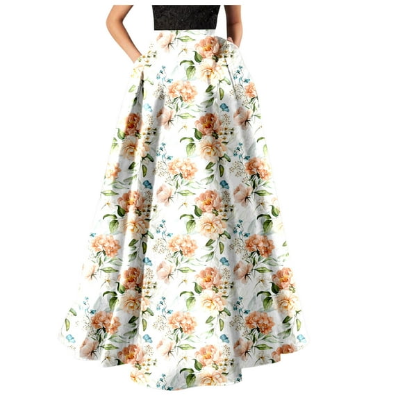 Nmnitkp Skirts for Women Stylish Prints Women's Flowy Maxi Skirt Summer Pleated High Waisted Casual Long Skirts with Pockets