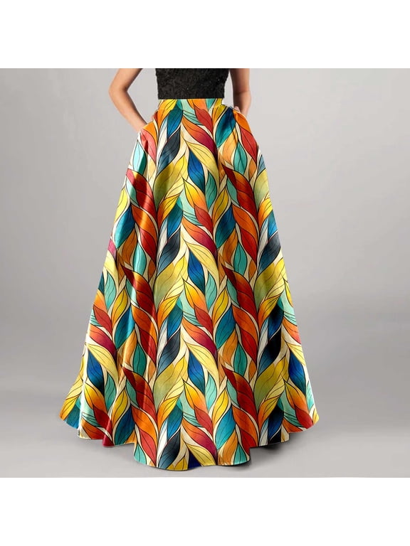 Skirts for Women Stylish Prints Women's Flowy Maxi Skirt Summer Pleated High Waisted Casual Long Skirts with Pockets