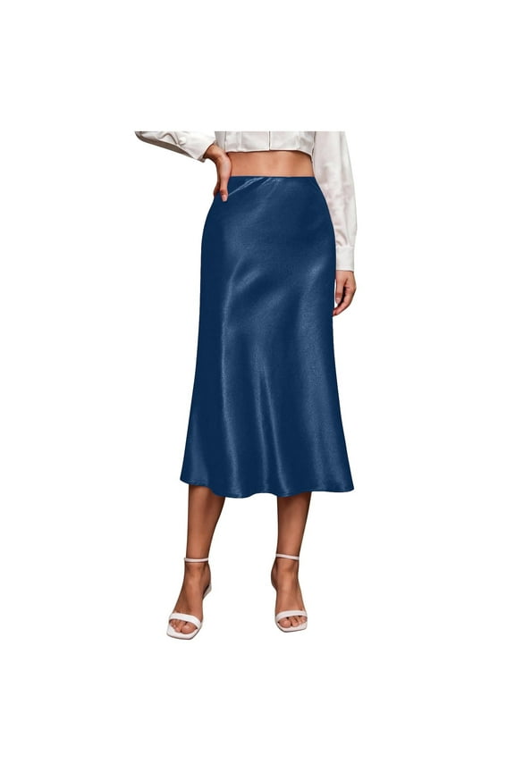 Skirts for Women Summer Mini Skirts 2025 Elastic High Waisted Satin Silk A-Line Zipper Split Slit Party Skirt Blue,L